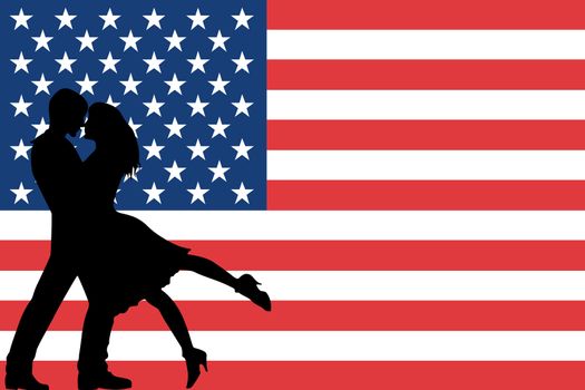 The flag of the United States of America with the silhouettes of romantic lovers