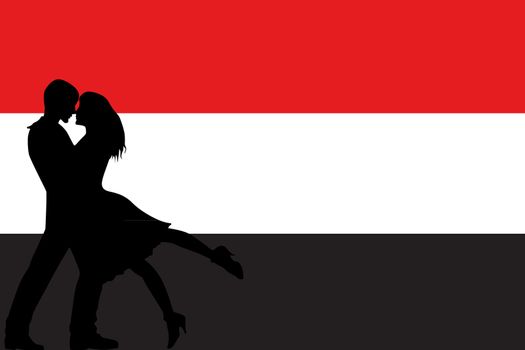 The flag of Yemen with the silhouettes of romantic lovers