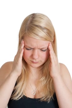 young blonde woman with splitting headache - isolated on white background