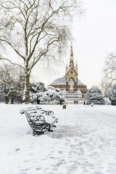Hyde Park covered in snow with Albert Memorial in the background after three days of blizzards.
