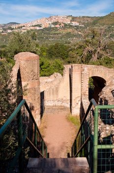 View of ruins and stairs at Villa Adriana background  Tivoli city at Roma - Italy