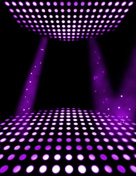 Dance floor disco poster background. Illuminated spotlights