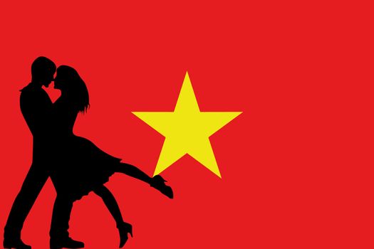 The flag of Vietnam with the silhouettes of romantic lovers