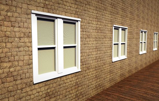 White, closed windows in a grungy stone wall