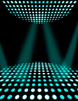 Dance floor disco poster background. Cyan spotlights