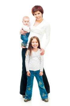 Mother with two babies isolated on a white background