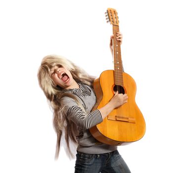young rock musician with a guitar on a white background