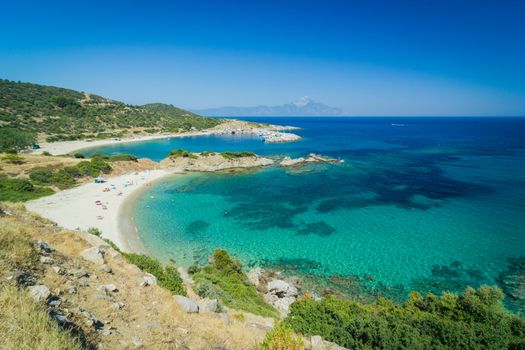 Panorama of beautiful beach lagoon in the coast of Halkidiki, Greece.
