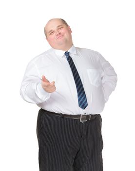 Obese businessman in a shirt and tie making gesturing, isolated on white