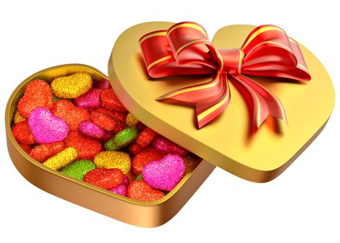 Allsorts sugared candy in the form of heart in a golden box with a red bow as a sweet gift for perfect Valentine's Day.