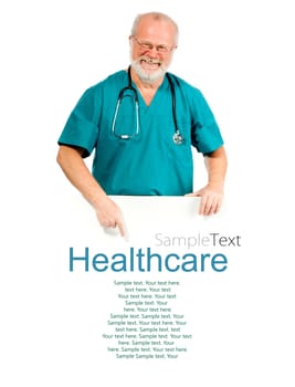 smiling doctor shows on a white banner (sample text)