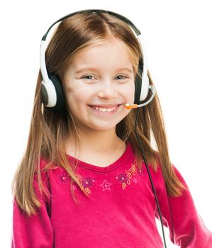 Smiling little girl in headset isolated over white