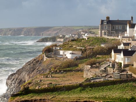 Atlantic waves batter the south west coast of Cornwall on a January afternoon in Porthleven