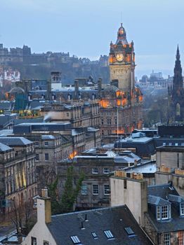 Edinburgh skyline with garden Scotland UK at dusk