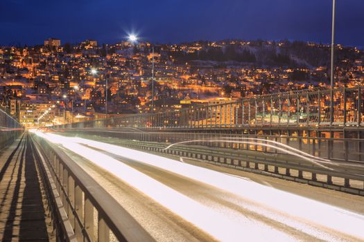 Highway Tromso Bridge to City at dusk, Troms Norway