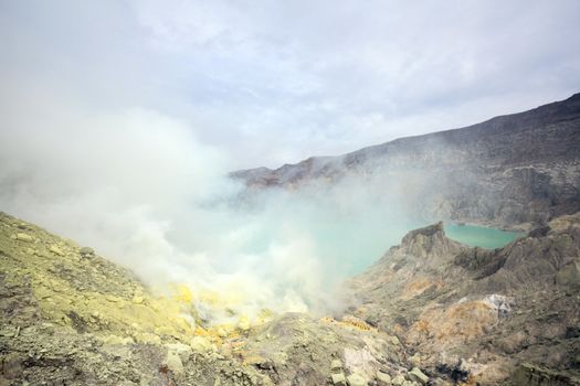 Sulfur Mine at Khawa Ijen Volcano Crater Java Island Indonesia