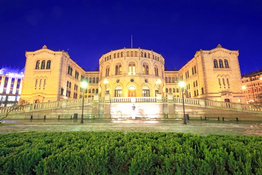 Oslo Stortinget Parliament at dusk Norway
