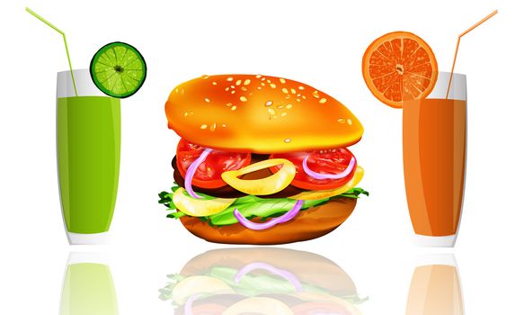 Hamburger and fresh fruit juice on a white background.Fast food
