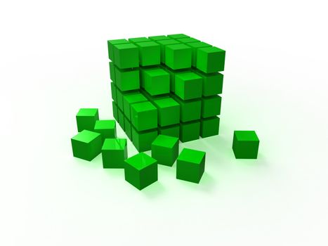 4x4 green disordered cube assembling from blocks isolated on white background