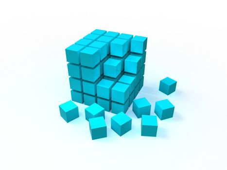 4x4 blue disordered cube assembling from blocks isolated on white background