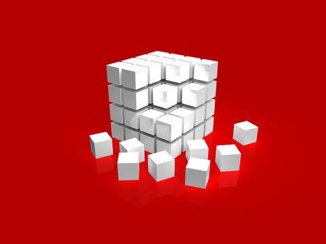 4x4 white disordered cube assembling from blocks isolated on red background