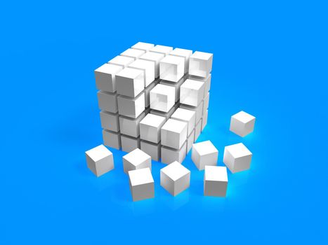 4x4 white disordered cube assembling from blocks isolated on blue background