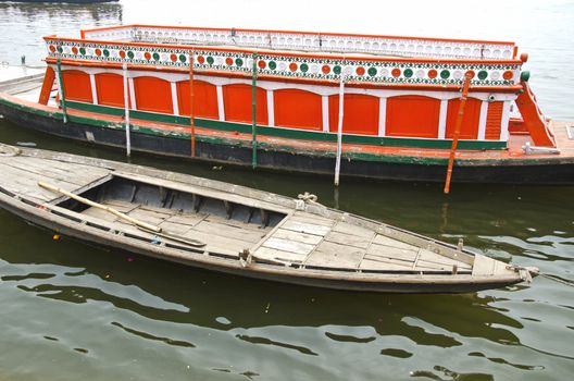 boats in Ganges holy river in Varanasi city, India