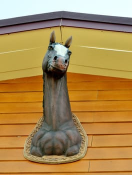 Horse head art at wooden wall surface