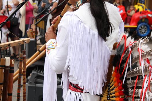 Native South American tribal musical group from Ecuador play Siku, andean wind musica and flutes