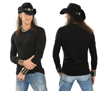 Photo of a male with blank black long sleeve shirt, front and back. Ready for your design or artwork.
