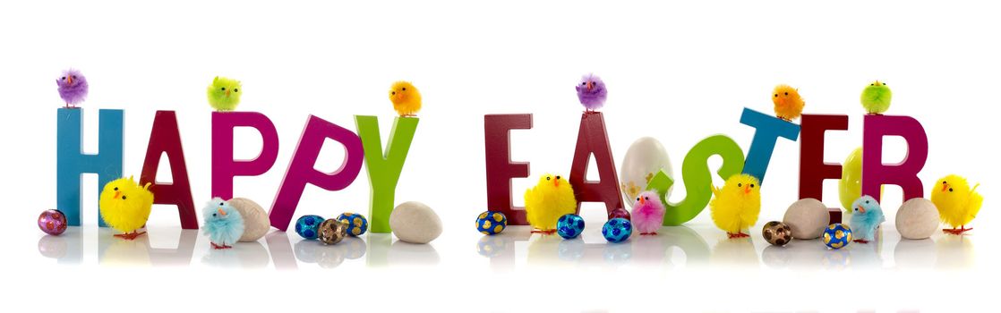 easter eggs and chicks on text and  white background