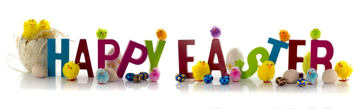 easter eggs and chicks with text on white background