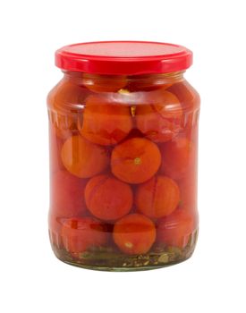 ecological natural tomatoes vegetables canned preserved in glass jars pots isolated on white backgroundhealthy resource for winter time