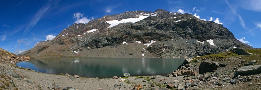 Panorama of mountain lake in French Alpes