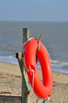 Orange lifebelt by sea