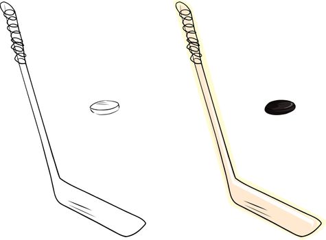 Isolated ice hockey stick and black puck doodle