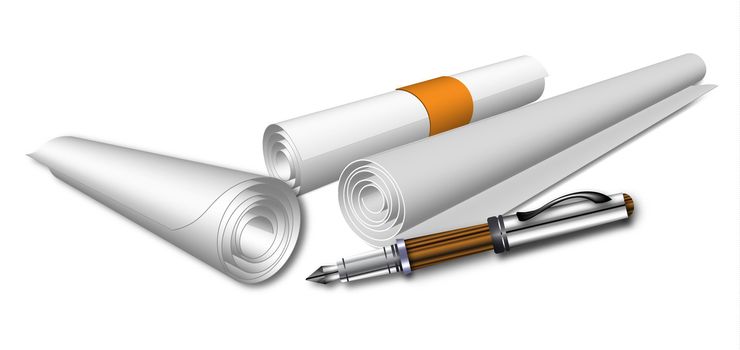 Bundle of papers and a luxurious pen at white background.