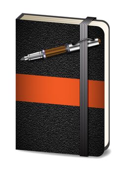 Black notebook with orange line. A luxurious pen on it.