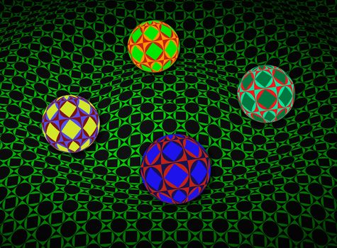 3D surface with four colorful spheres