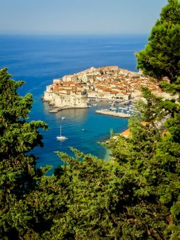 View of Dubrovnik old town, blue ocean horizon, Croatia