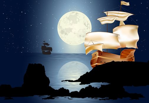 A Sailboat In The Moonlight. Seascape with rocks and full moon with stars.