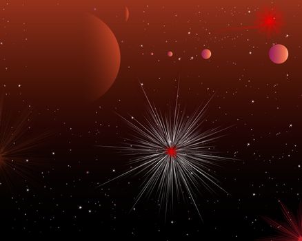 Red Night space sky star bursts. A planet system with stars.