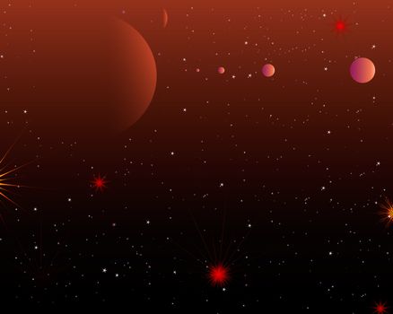 Red space planet system with stars