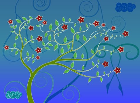 Tree art at blue background with ornaments