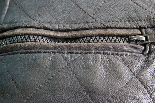 Leather texture colose-up with linear stiches. Part of a leather jacket.