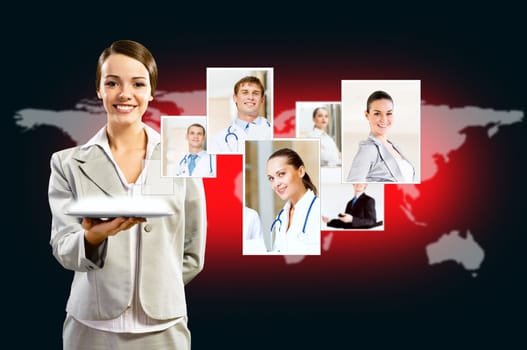 attractive woman holding a tablet pc and smiling, concept of social networks, collage