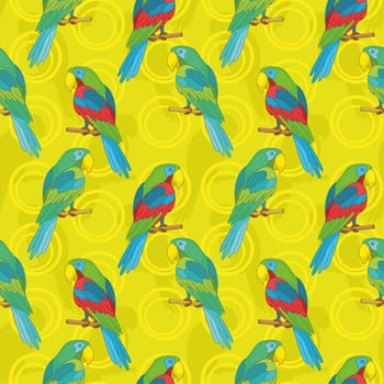 Seamless cartoon background: colored parrots sits on a wooden poles.