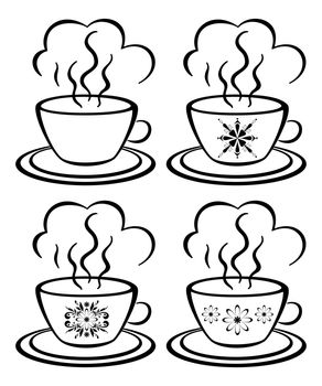 Set cups with a hot drink and floral pattern, black contour on white background.