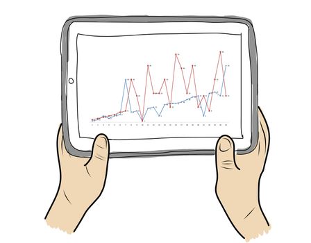 drawing  Tablet screen with graph on  hand