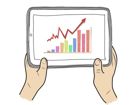 drawing  Tablet screen with graph on  hand